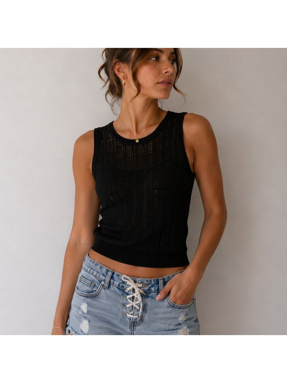 White House Black Market Sheer Grid Knit Tank Top Sleeveless Black NWT Small $60